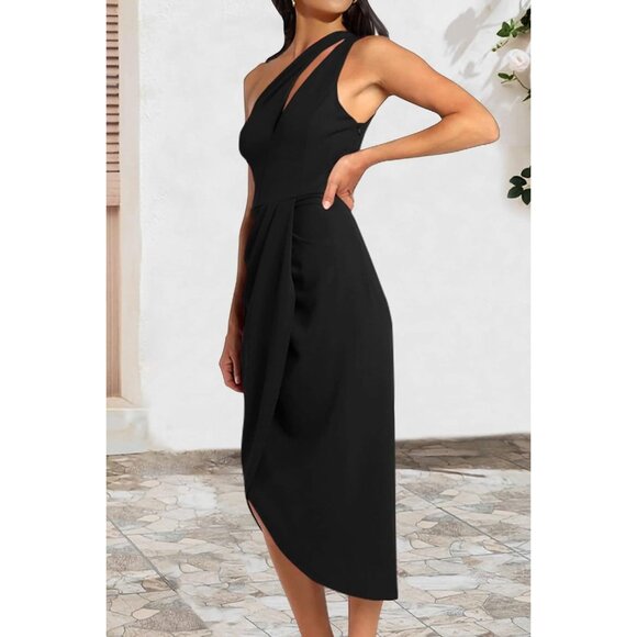 Women's Black One Shoulder Ruched Bodycon Dress Summer Cutout Slit Wrap - Picture 9 of 9